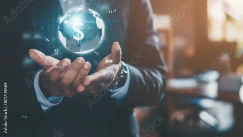 Currency exchange concept with businessman hand holding globe and currency sign rise up represent to profit making on global business and good exchange rate from international banking transaction photo