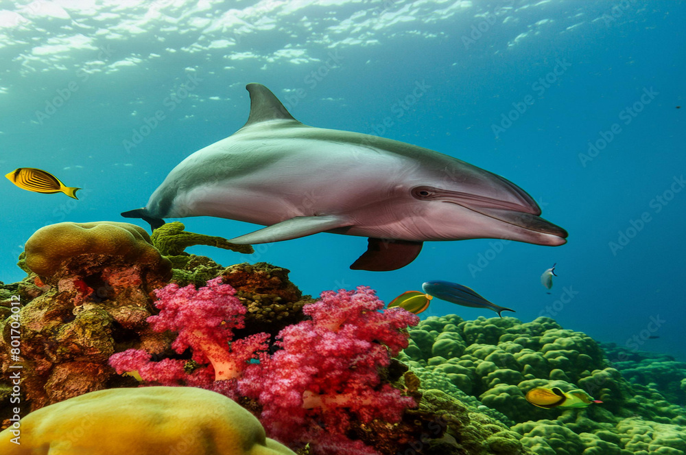Fototapeta premium Group of dolphins jumping on the water at bright blue sky 