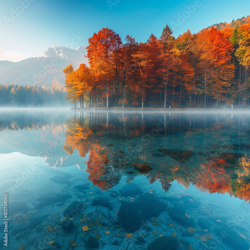crystal clear lake at sunrise, reflection of colorful autumn trees, mist rising from the surface, serene and tranquil atmosphere