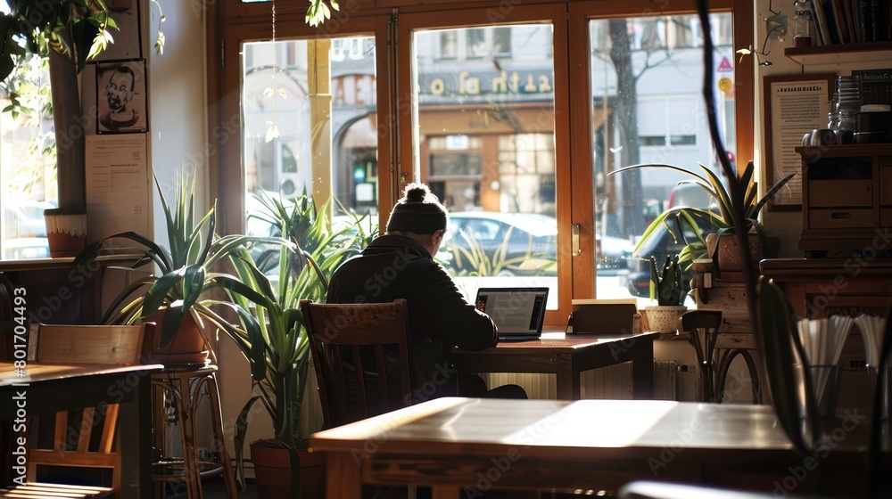 The silhouette of a woman is hanging out in a cafe while working on a project using her laptop online. The silhouette of a woman is hanging out in a cafe while working on a project using her laptop online.
