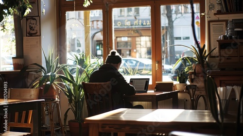 The silhouette of a woman is hanging out in a cafe while working on a project using her laptop online.