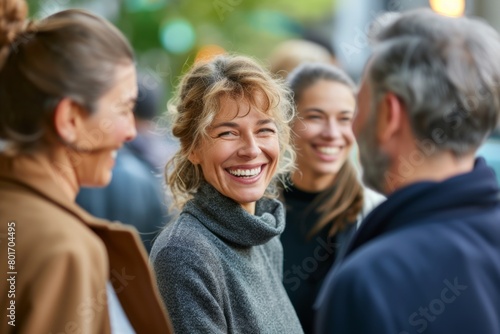 Mature woman smiling in front of her friends in the street.