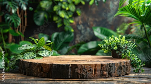 Photo of a wooden podium with nature landscape in the background for product presentation