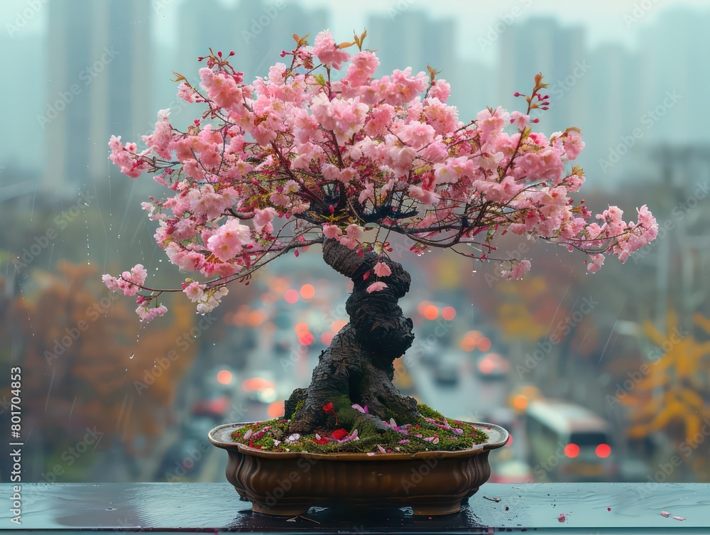 bonsai cherry blossom tree on the window sill