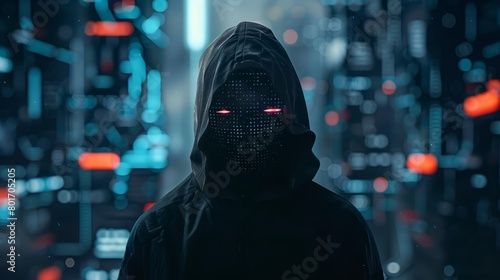 A hooded silhouette with glowing eyes stands against a backdrop of digital matrices on this hackerthemed brochure cover, banner background concept 3D with copy space
