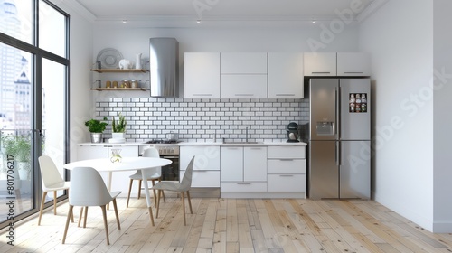 kitchen design with white subway tiles and essential appliances