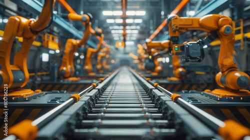 Conveyor belts and robotic arms showcase the efficiency of modern production in this industrial theme website banner, banner background concept 3D with copy space