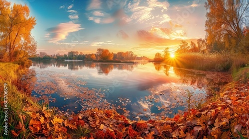 Panorama landscape of a colorful autumn season at sunrise #801706879