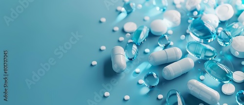 Pills and medical charts are featured against a backdrop of soft blue hues, perfect for a healthcare provider s website banner, banner background concept 3D with copy space photo