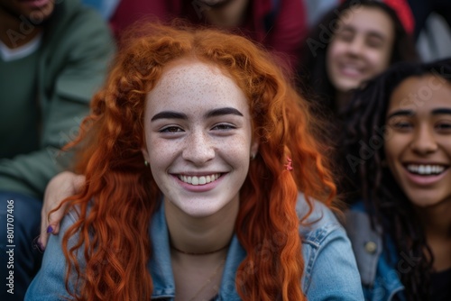 Group of young people with freckles and red hair having fun together