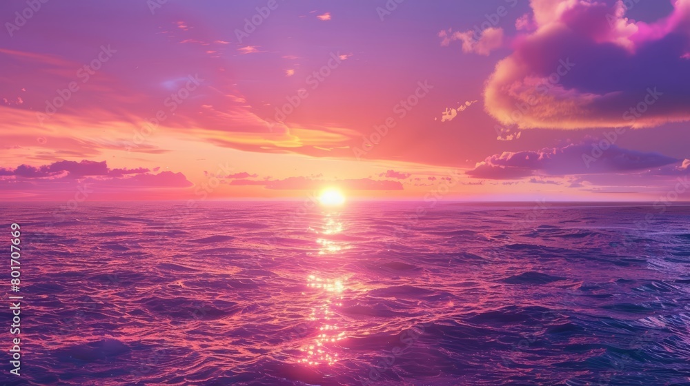 Twilight descends over the ocean, where the horizon meets a sky painted with vibrant shades of purple and pink, realistic cinematic color high detail landscape background