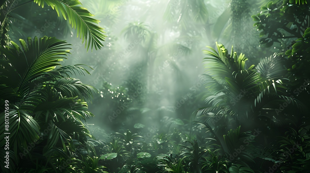 Explore the adventure travel background landscape of a wild, foggy tropical jungle forest park, with an abundance of greenery and plants. Explore the adventure travel background landscape of a wild, foggy tropical jungle forest park, with an abundance of greenery and plants.