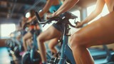 Active people working out on exercise stationary bicycle AI generated
