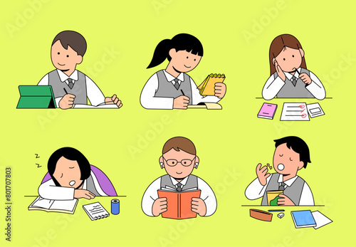 some students are studying for upcoming exam.  cartoon style vector illustration. 