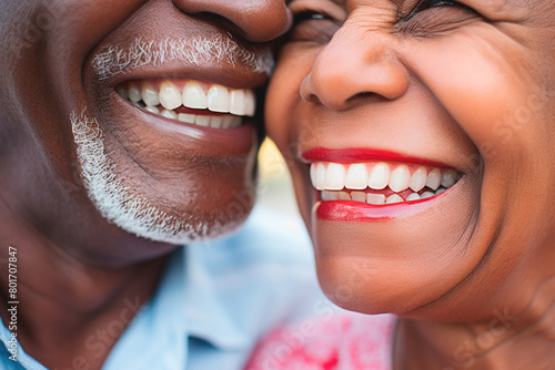 Pair of elderly people of African descent smiling with excellent dental plan. Dental health plan
