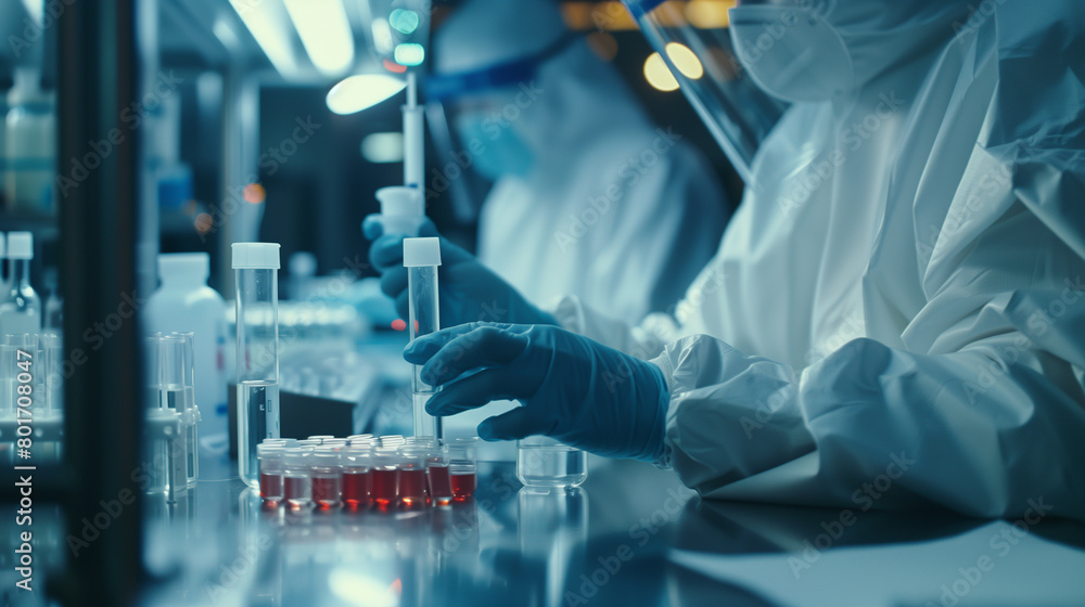 Fototapeta premium A scientist is working in a lab with a red liquid in a test tube