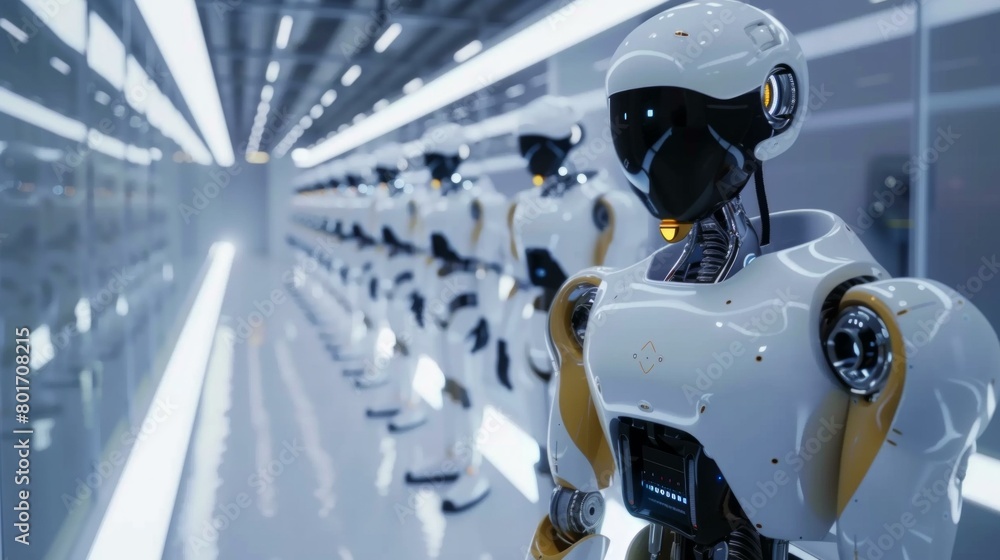 A sleek modern innovation factory with a white interior, showcasing an advanced assembly line attended by robots, AI Generative A sleek modern innovation factory with a white interior, showcasing an advanced assembly line attended by robots, AI Generative