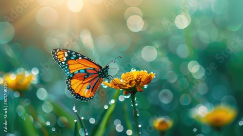 Write a nature-themed meditation incorporating imagery of a butterfly on a flower surrounded by dewy grass, emphasizing mindfulness and gratitude   © Sem
