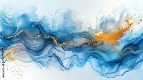 Abstract sea waves background  blue gold texture  watercolor tech style  flowing wave design  AI Generative