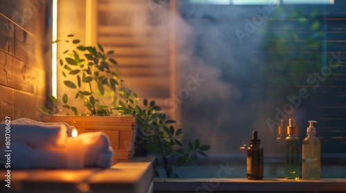 An interior shot of a sauna with calming music playing in the background and a comforting aroma of essential oils filling the air..