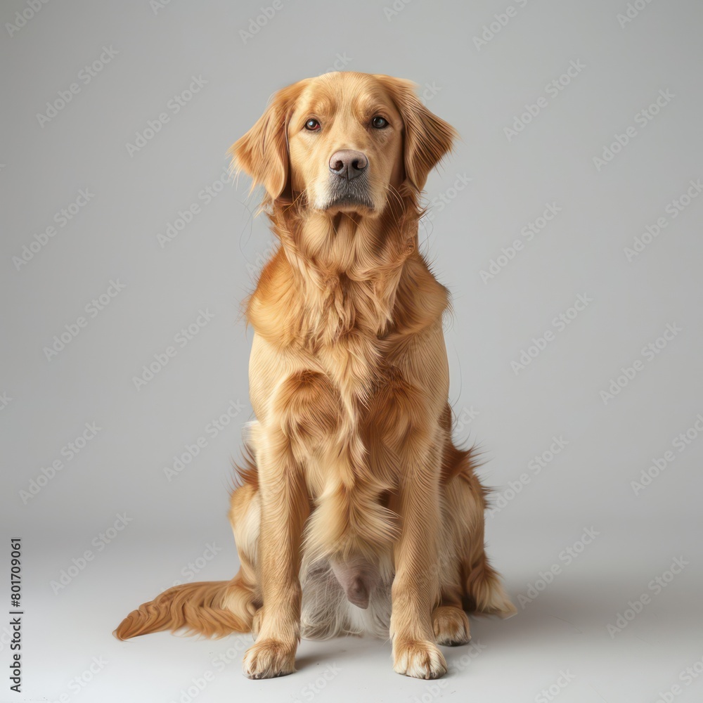 dog sitting down on white background