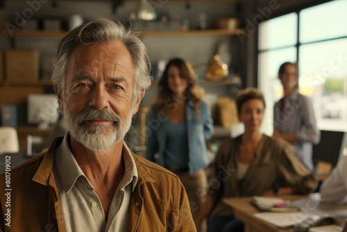 Portrait of a senior businessman with his team in the background.