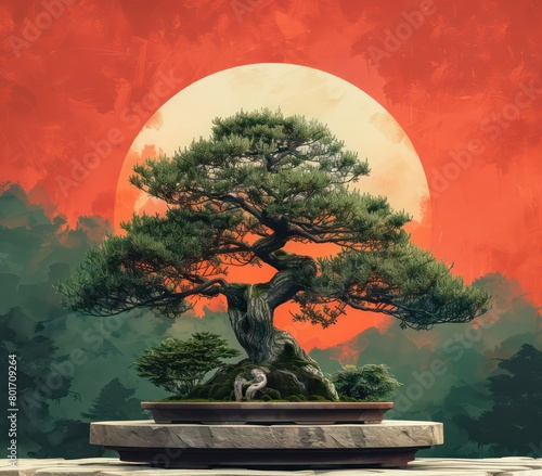 bonsai tree design in illustrator, orange and green