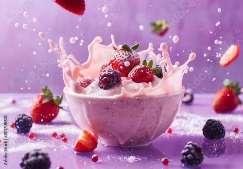 pink color yogurt with berries on purple background, top view, splash, flying strawberries and blackberries around the bowl of milk product photography
