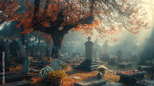Serene Cemetery Scene  Tombstones Beneath a Majestic Tree Generated by AI