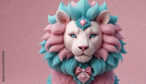 Rococo punk marshmallow lion 3D illustration in the style of fantasy, minimalistic, featuring multiple soft and rounded fractal, complex forms dressed as royal and glamorous pastel candy.