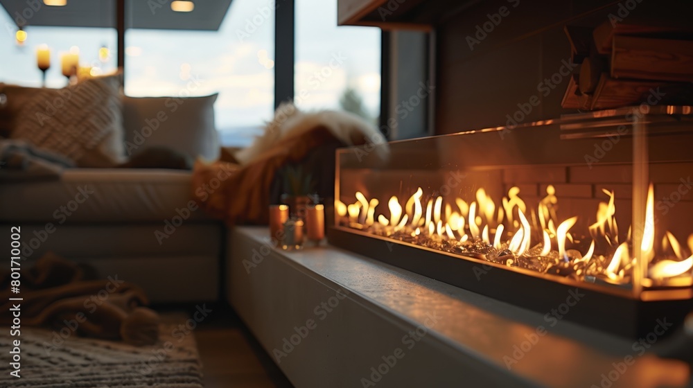 Fototapeta premium Soft and ambient lighting radiates from the linear gas fireplace creating a cozy and inviting ambiance in the room. 2d flat cartoon.