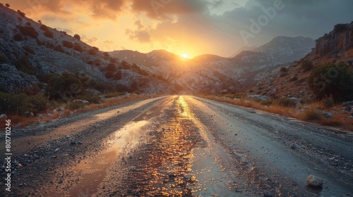 The sun sets behind the mountains, casting a low-level view of an empty, weathered paved road.