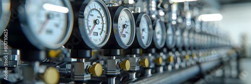 Industrial pressure gauges on pipes show heat and gas distribution system . photo