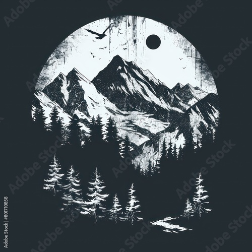 mountains and trees design, monochromatic illustration