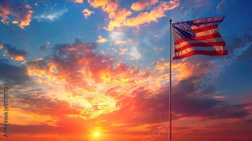 Patriotic American Flag Waving on Sunset Background for Memorial Day, 4th of July, Labor Day, and Independence Day Celebrations
