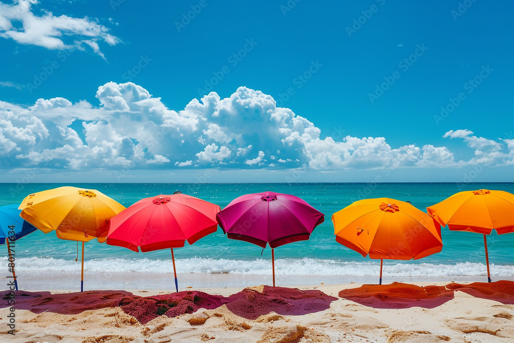 A cluster of vibrant beach umbrellas lining the shore, providing shelter from the midday sun.