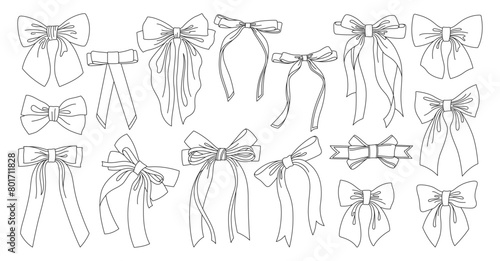 Ribbon bows hand drawn linear set. Trendy elegant outline bow for celebrations Valentines Day, wedding or birthday decoration. Various cartoon knot gift tape ribbon hair accessory vector illustration