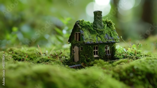 green macro house with moss texture on moss surface