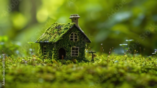 green macro house with moss texture on moss surface