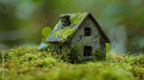 green macro house with moss texture on moss surface