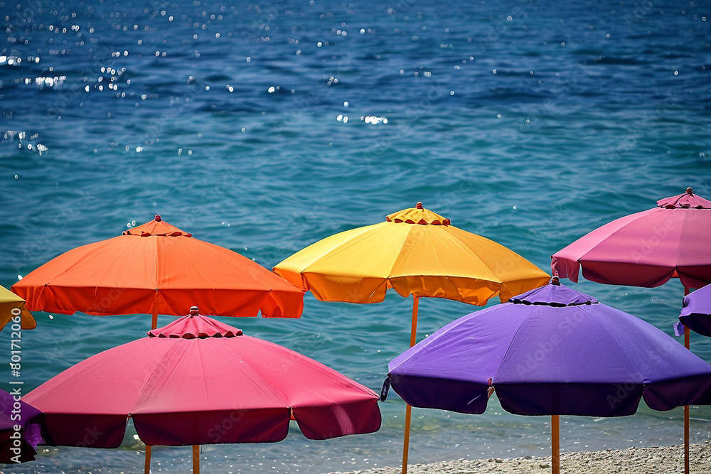 A cluster of vibrant umbrellas dotting the shoreline, providing shade on a hot summer day.