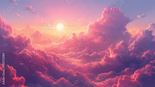 Pink sky and gentle clouds, romantic sunset background, AI Generative