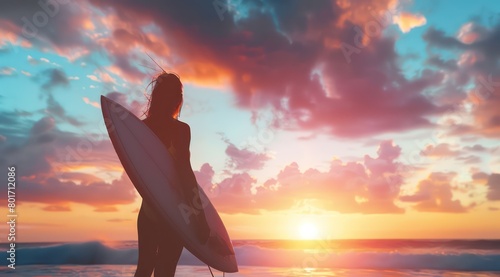 silhouette girl surfer with board watching sunset on the beach photo