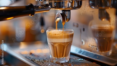 In a cafe, a barista at a steel espresso machine is pouring steaming coffee into a glass, topped with frothy crema and foam.
