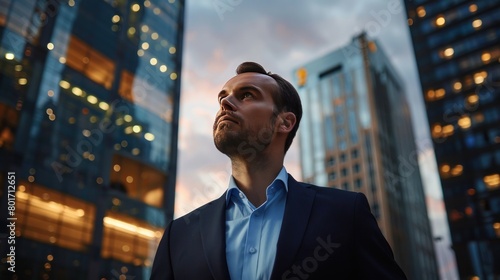 Confident rich businessman executive standing in modern big city looking and dreaming of future business success Ai generated