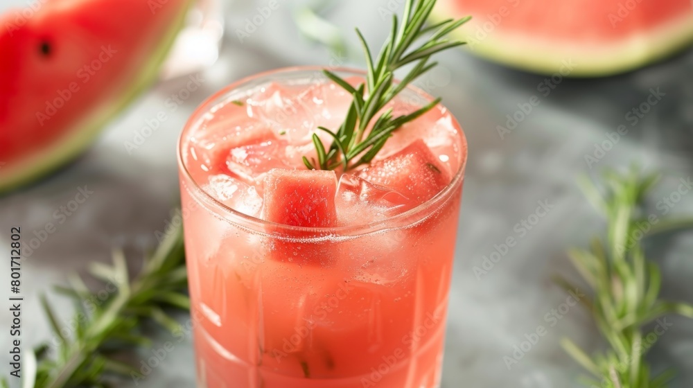 A refreshing watermelon mocktail is garnished with a sprig of rosemary adding a touch of aroma and elegance to the morning ritual. A refreshing watermelon mocktail is garnished with a sprig of rosemary adding a touch of aroma and elegance to the morning ritual.