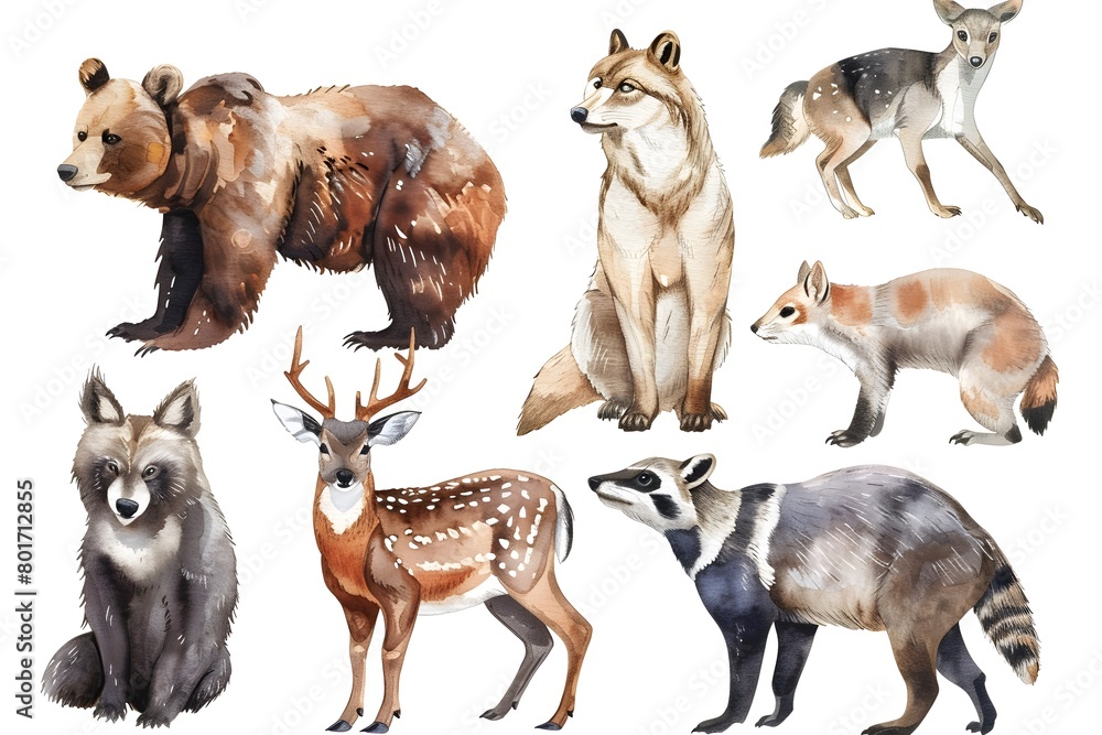 Fototapeta premium Watercolor Illustrated Safari Animal Set Including Brown Bear, Wolf, Deer, Badger, and Squirrel