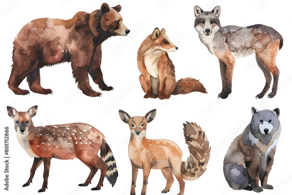 Watercolor Illustrated Safari Animal Set Including Brown Bear, Wolf, Deer, Badger, and Squirrel Watercolor Illustrated Safari Animal Set Including Brown Bear, Wolf, Deer, Badger, and Squirrel