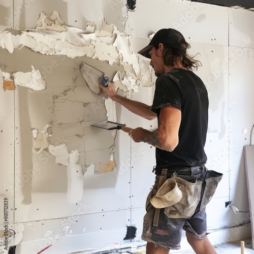 a person applying joint compound to the seams of a drywall installation photo