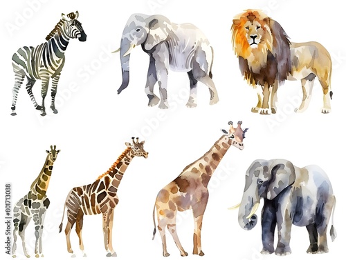 Dynamic Savanna Safari Animal Set with Zebra, Lion, Elephant, Giraffe, and Hippo © acharof